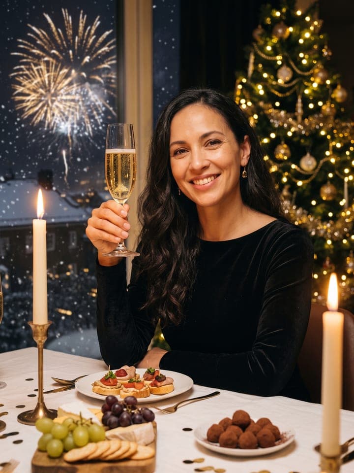 Silvesterporträt einer lächelnden Frau mit langen dunklen welligen Haaren im schwarzen Samtkleid, die an einer Partytafel im Kerzenschein neben einem leuchtenden Weihnachtsbaum ein Glas Champagner hebt, hinter ihr im verschneiten Fenster explodiert goldenes Feuerwerk