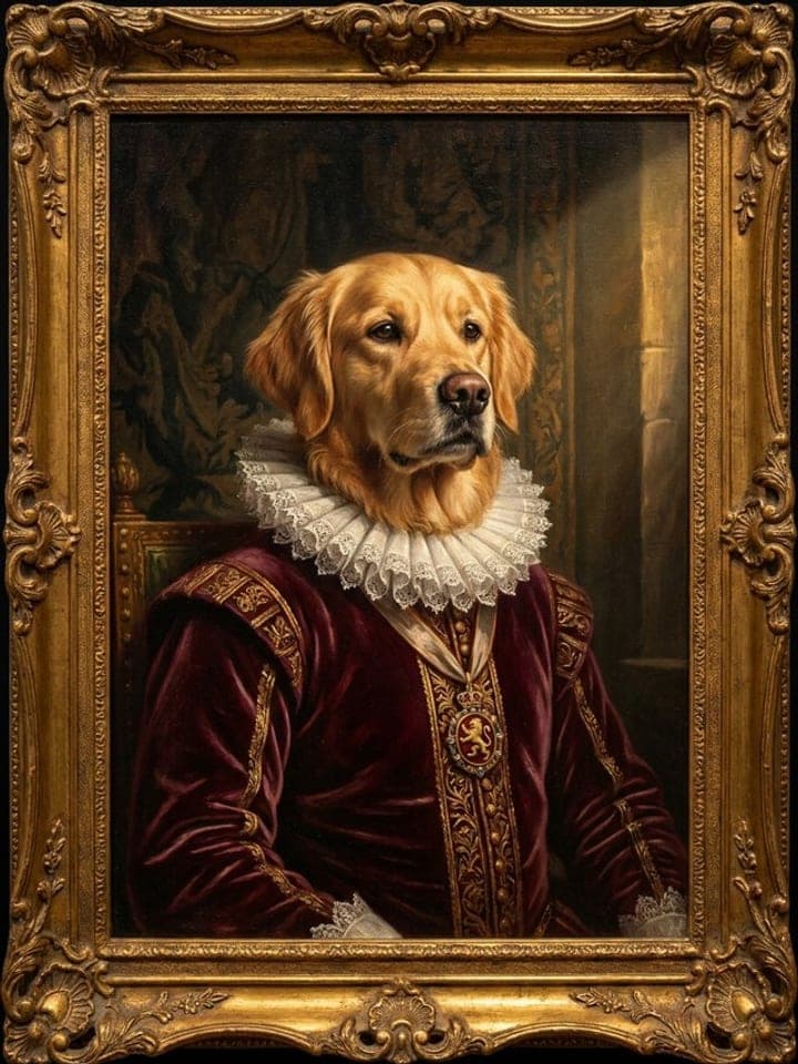 Oil portrait of a golden retriever in a red velvet doublet and white ruff in a gilded frame