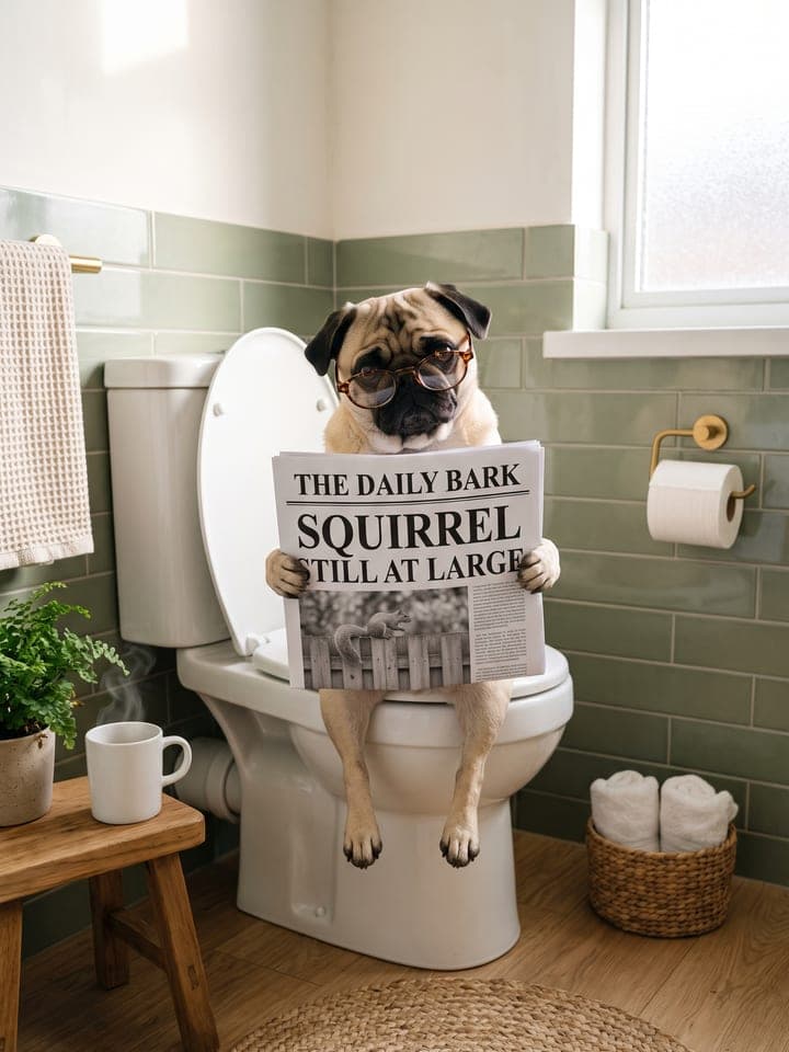 Rehbrauner Mops mit runder Lesebrille in Schildpattoptik sitzt in einem Bad mit salbeigrünen Fliesen auf dem Klo, die Hinterbeine baumeln, und schaut über eine Zeitung namens The Daily Bark