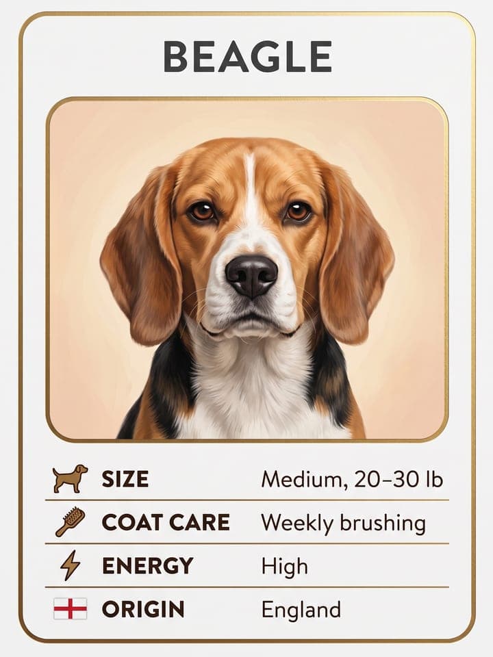 Sammelkarte zur Rasse eines Beagles mit Porträt, Rassename und vier kurzen Zeilen zu Eigenschaften