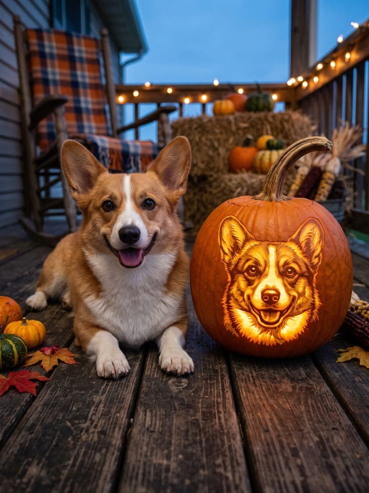 Corgi liegt in der Dämmerung auf einer Veranda neben einem leuchtenden orangefarbenen Kürbis, in den sein eigenes lächelndes Gesicht geschnitzt ist