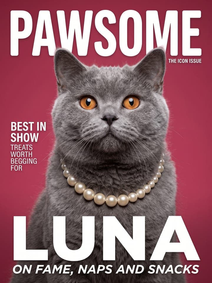 Hochglanz-Magazincover mit dem Titel PAWSOME und einer blaugrauen Britisch-Kurzhaar-Katze mit Perlenkette vor himbeerrosa Hintergrund, der Name LUNA als Schlagzeile