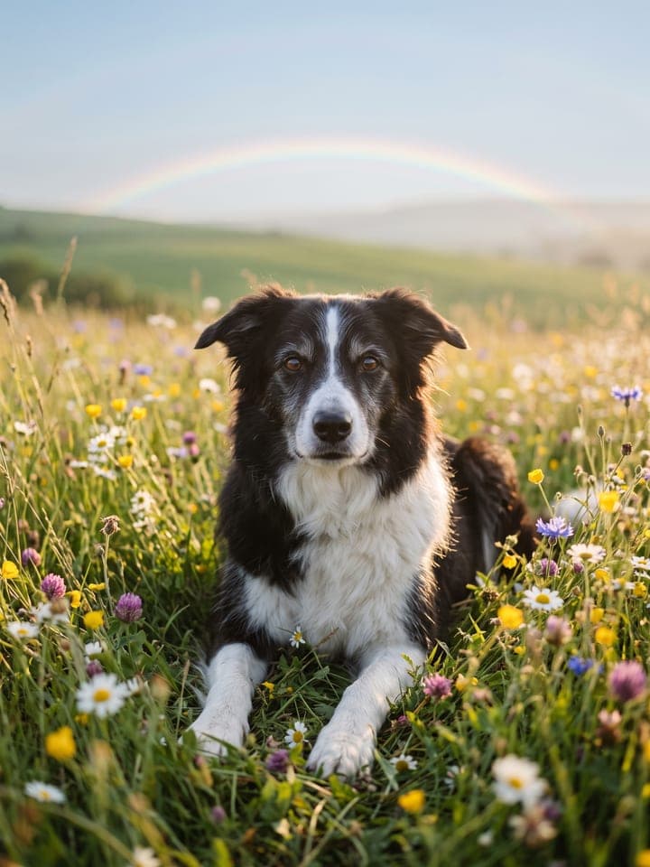 Älterer schwarz-weißer Border Collie liegt auf einer sonnigen Wildblumenwiese, dahinter ein zarter Regenbogen am Himmel