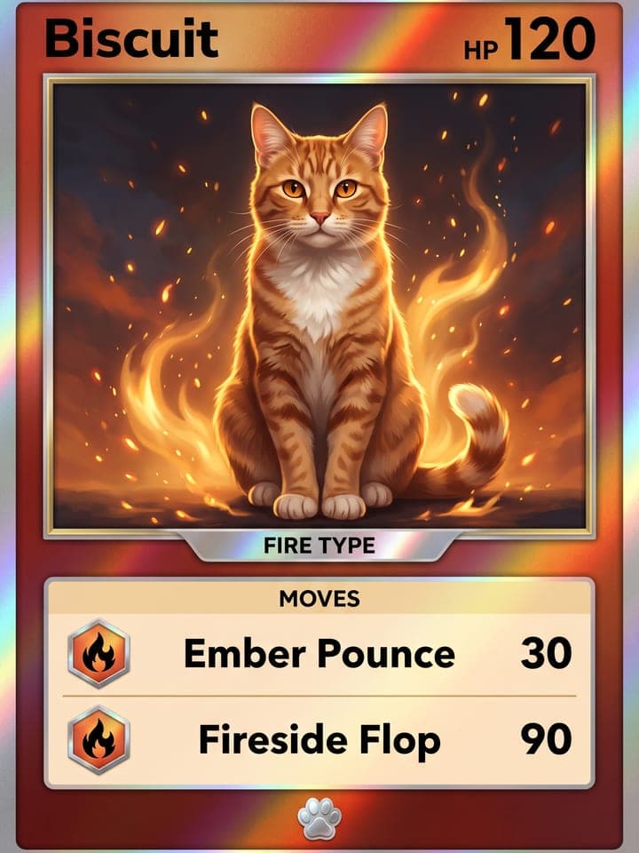 Holografische Monsterkarte, die das Bild füllt: eine gemalte rot getigerte Katze mit weißer Brust sitzt aufrecht zwischen Flammen und Glut, der Name Biscuit, HP 120, ein Banner mit „Fire Type“ und die Attacken Ember Pounce 30 und Fireside Flop 90, in einem silbernen holografischen Folienrahmen