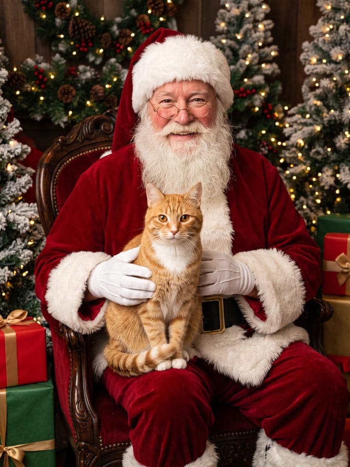 Rot getigerte Katze mit weißer Brust sitzt aufrecht auf dem Schoß eines lächelnden Weihnachtsmanns mit weißem Bart in einem roten Samtsessel, dahinter verschneite Tannen und Lichterketten