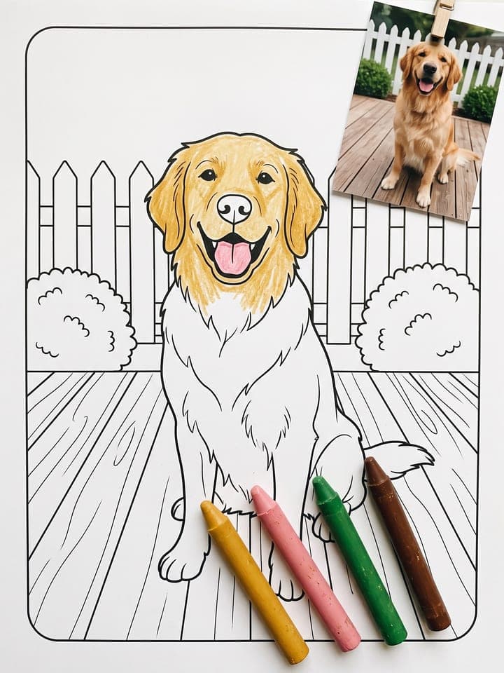 Gedrucktes Ausmalbild in Schwarz-Weiß von einem Golden Retriever an einem Lattenzaun, der Kopf mit Wachsmalstiften ausgemalt, das Originalfoto in die Ecke geklemmt und vier Wachsmalstifte auf dem Blatt