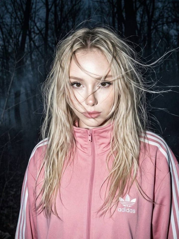 Blonde Frau mit windzerzausten Haaren in pinker Adidas-Trainingsjacke, von hartem Blitz beleuchtet in einem dunklen, nebligen Wald