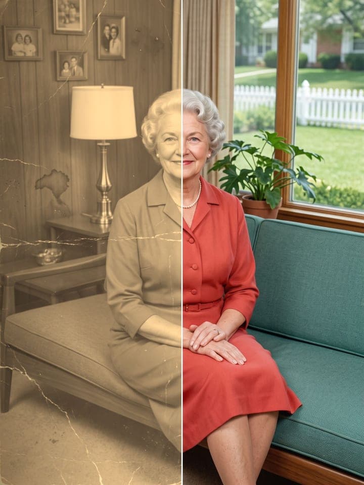 Vorher und nachher: ein Foto aus den 1960ern von einer Großmutter auf dem Wohnzimmersofa, links ein zerknitterter, verblasster Sepia-Abzug, rechts restauriert in natürlichen Farben