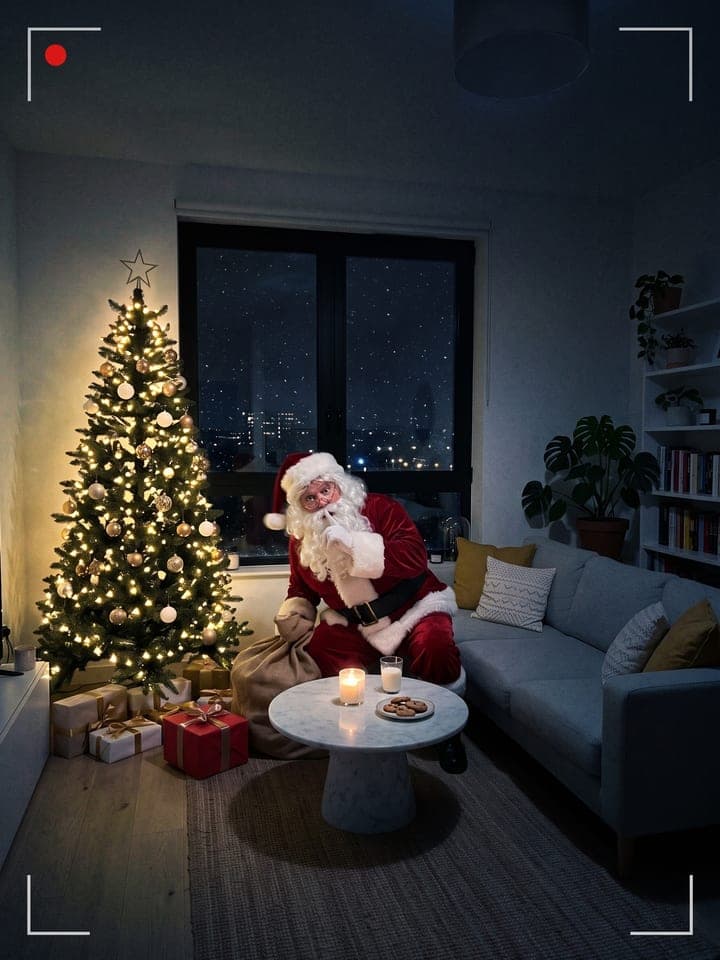 Nächtliches Bild einer Überwachungskamera aus einem modernen Wohnzimmer mit beleuchtetem Weihnachtsbaum, grauem Sofa und Marmorcouchtisch mit Keksen und Milch, der Weihnachtsmann hockt am Fenster und hält einen Finger an die Lippen