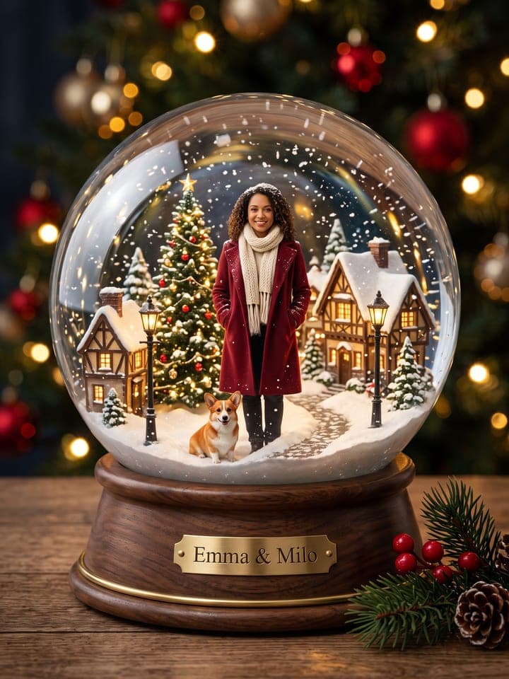 Leuchtende Schneekugel aus Glas auf einem Nussbaumsockel mit einem Messingschild mit der Aufschrift Emma & Milo: eine winzige, lebensechte Frau im roten Wollmantel und ihr Corgi in einem verschneiten Weihnachtsdorf im Miniaturformat