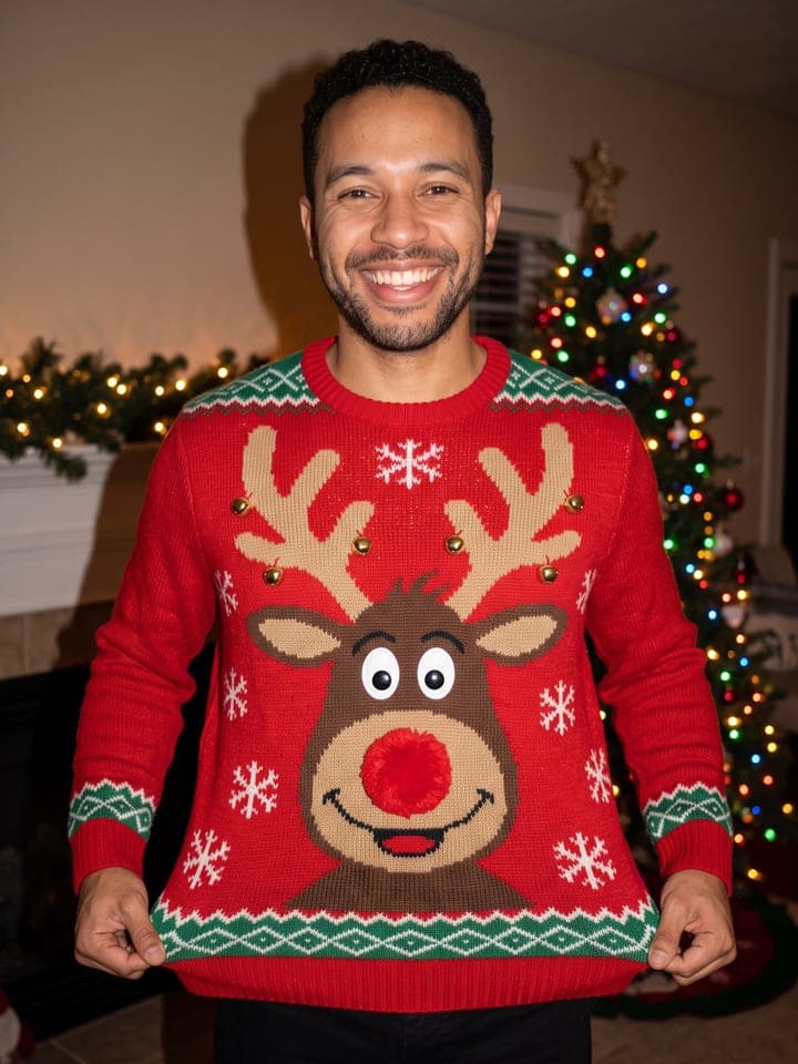 Mann grinst auf einer Weihnachtsfeier in einem roten Strickpulli mit Rentier und flauschiger roter Bommelnase, vom Kamerablitz beleuchtet