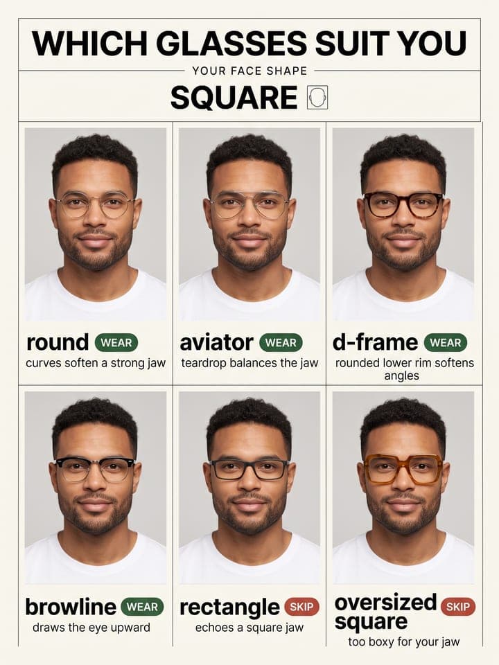 Poster WHICH GLASSES SUIT YOU, Gesichtsform SQUARE: derselbe bärtige Mann mit sechs verschiedenen Brillengestellen, jedes mit wear oder skip und einer kurzen Begründung markiert