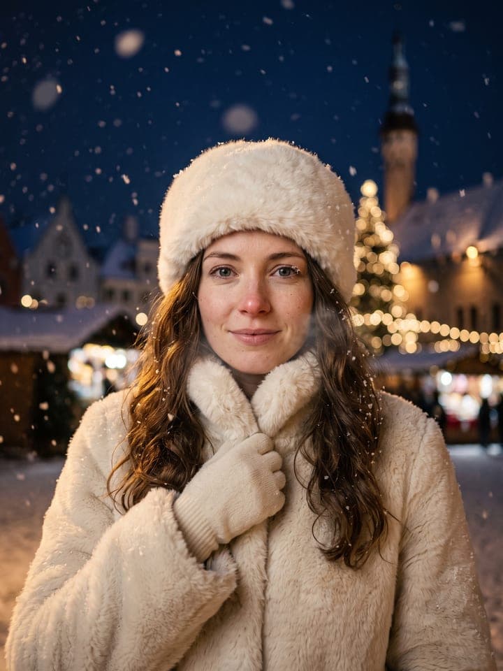 Nahes Winterporträt einer lächelnden Frau mit langen kastanienbraunen Haaren in elfenbeinfarbenem Kunstpelzmantel und Mütze, eine behandschuhte Hand am Kragen, nachts fällt dichter Schnee, dahinter ein beleuchteter Weihnachtsbaum und ein Kirchturm, verschwommen zu warmem Bokeh