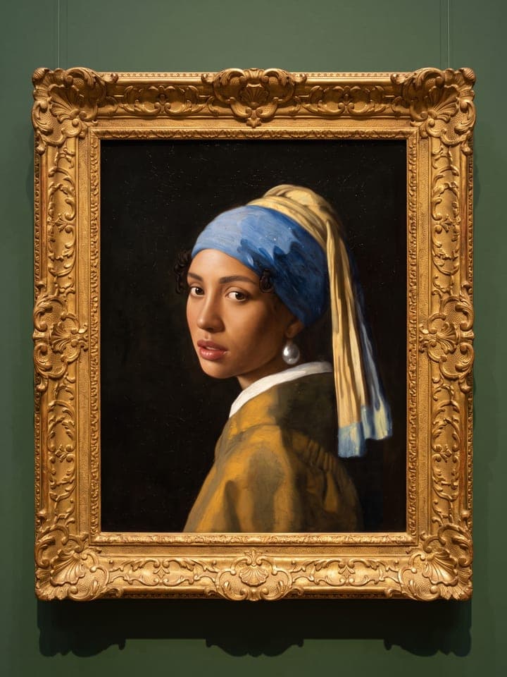 „Das Mädchen mit dem Perlenohrring“, neu gemalt mit einer Frau mit warmer brauner Haut und dunklen Locken am Haaransatz als Modell, die über die Schulter zurückblickt, mit blau-ockerfarbenem Turban und großem Perlenohrring, in einem prunkvollen vergoldeten Rahmen an einer grünen Museumswand