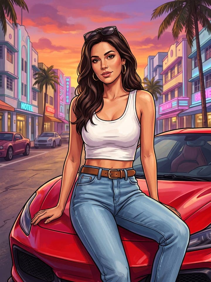 Illustration im GTA-Stil: Eine Frau in weißem Tanktop und Jeans sitzt bei Sonnenuntergang auf einem roten Sportwagen in einer Straße in Miami