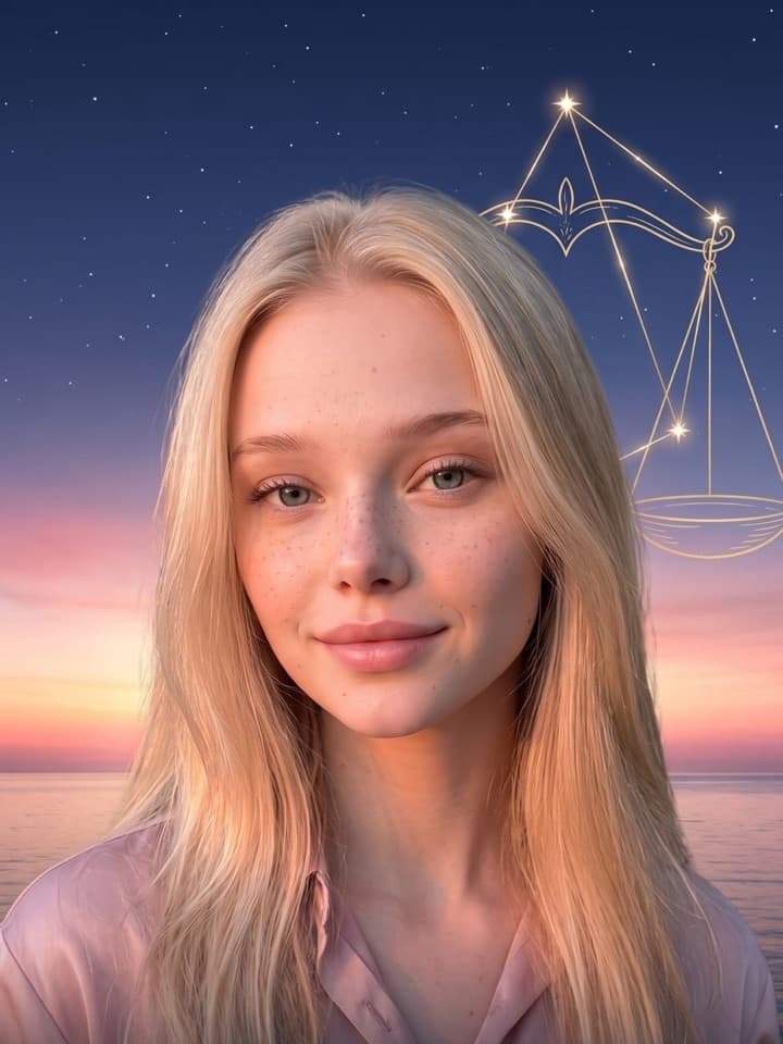 Blonde junge Frau in rosa Seidenhemd im Morgengrauen am Meer, hinter ihr leuchtet ein goldenes Sternbild der Waage