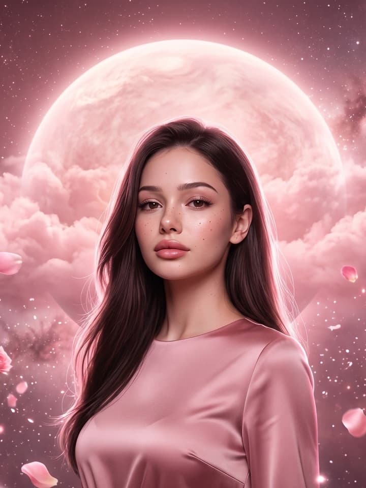 Junge Frau mit langen dunklen Haaren in rosa Seidenkleid vor einem riesigen, rosa leuchtenden Planeten, Rosenblätter in der Luft