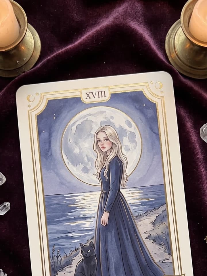 Vintage-Tarotkarte auf pflaumenfarbenem Samt zwischen Kerzen, darauf eine blonde Frau in langem blauem Kleid unter einem Vollmond