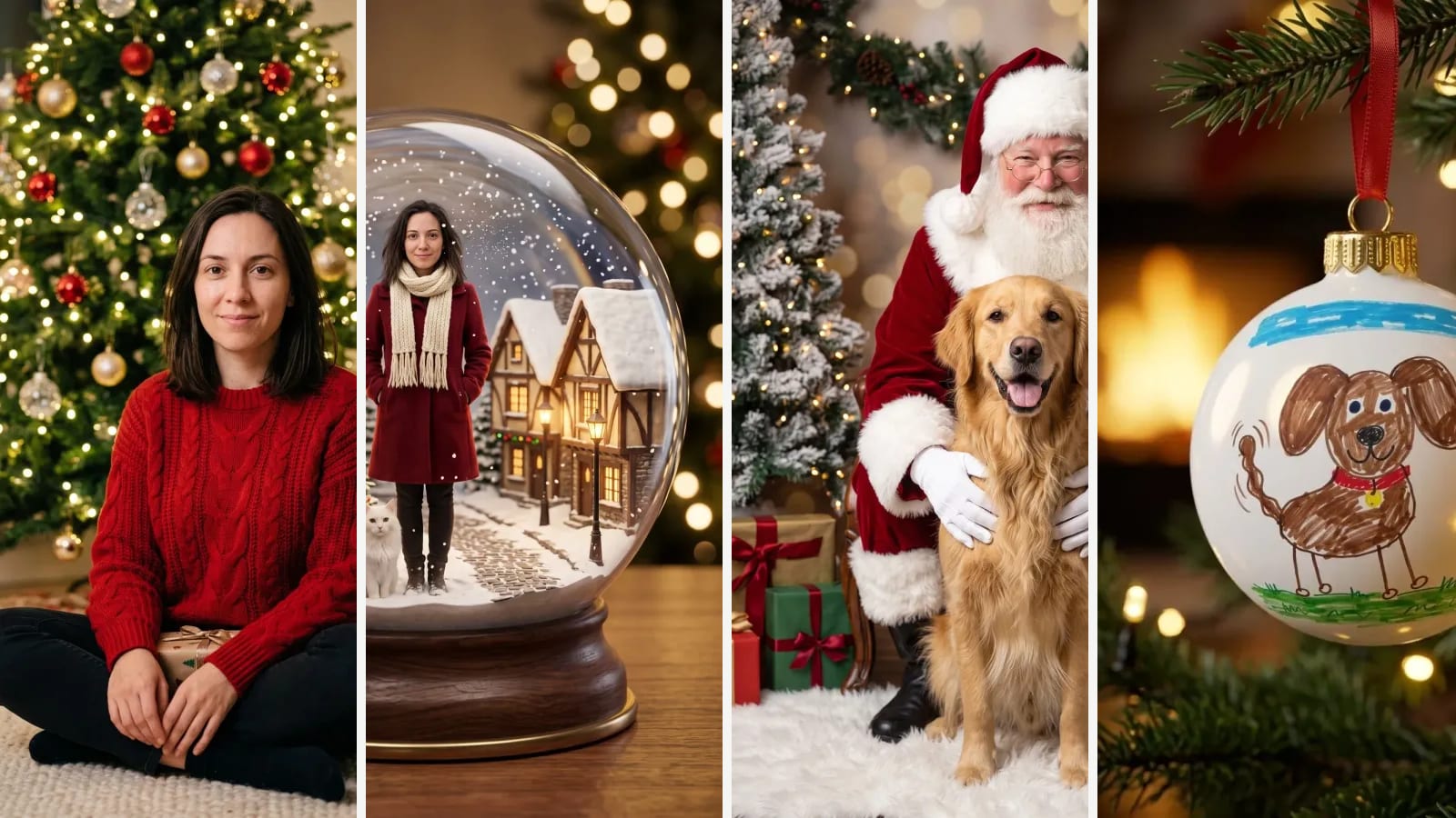 AI Christmas looks: a woman by a lit tree, a snow globe with a woman and her cat, a dog with Santa and a drawing ornament