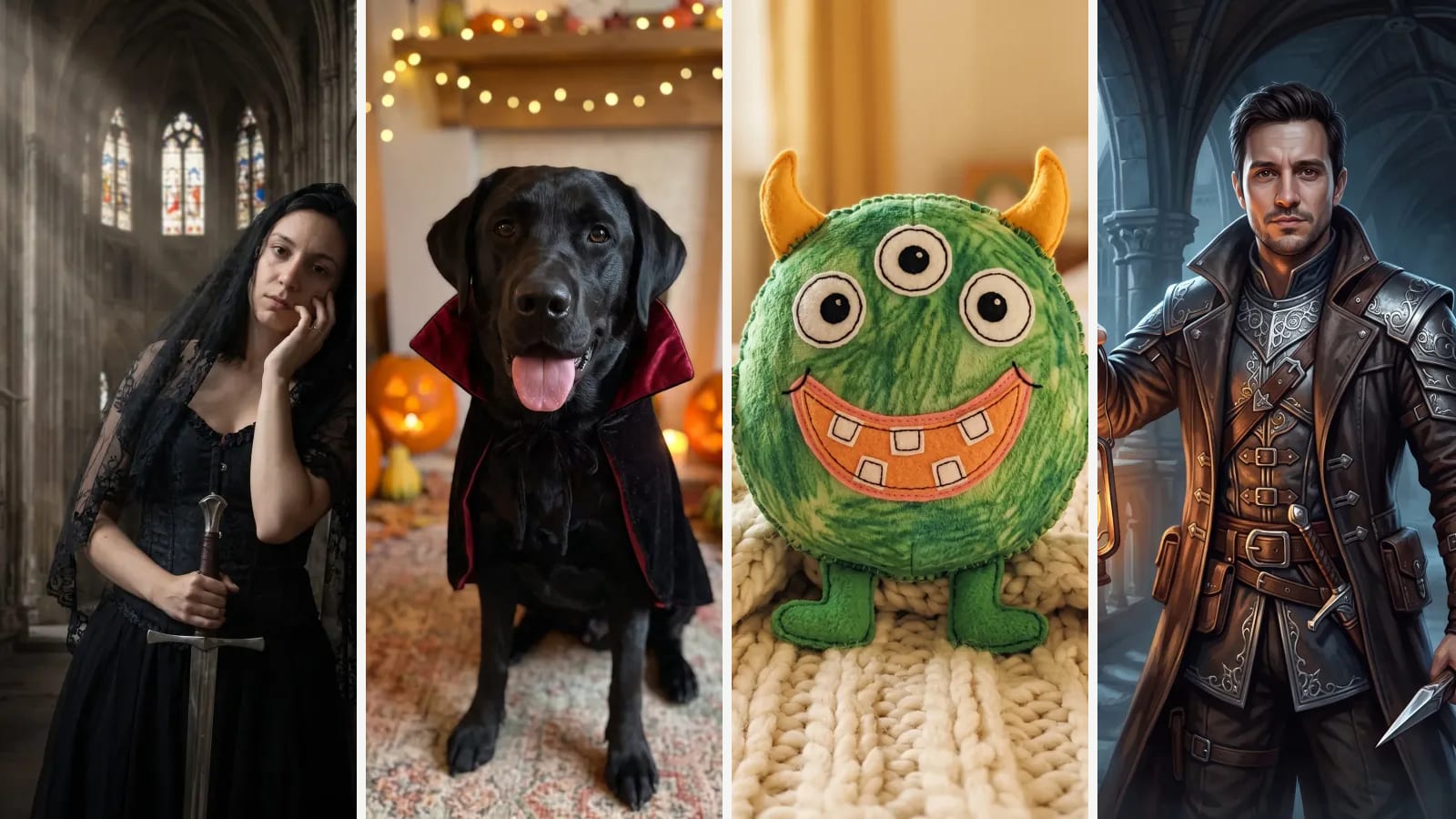 Four AI Halloween looks: a woman in a black lace veil with a sword, a Labrador vampire, a monster plush and a vampire hunter