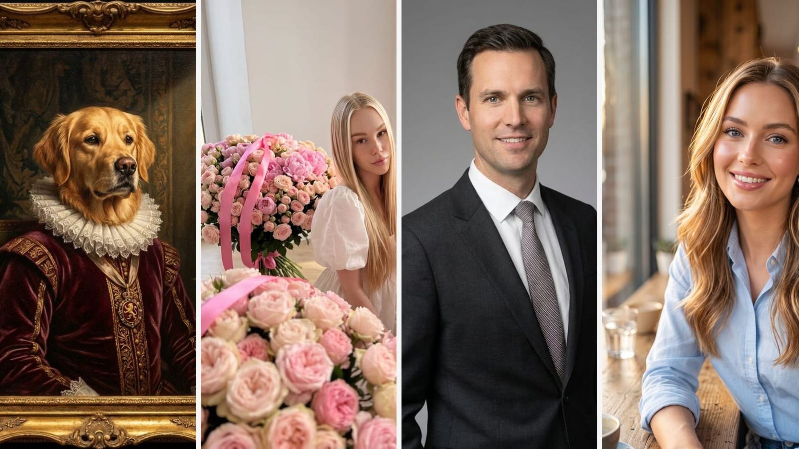 Four Outwow template results: a dog in Renaissance dress, a woman with pink roses, a business headshot and a café portrait