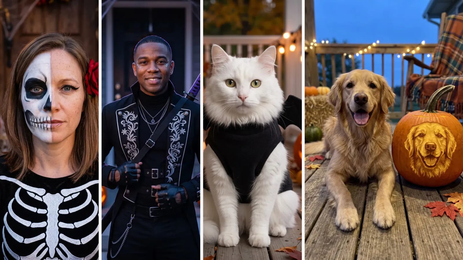Outwow results: a woman in half-skull paint, a man with a sword, a white cat with bat wings, a dog by a carved pumpkin