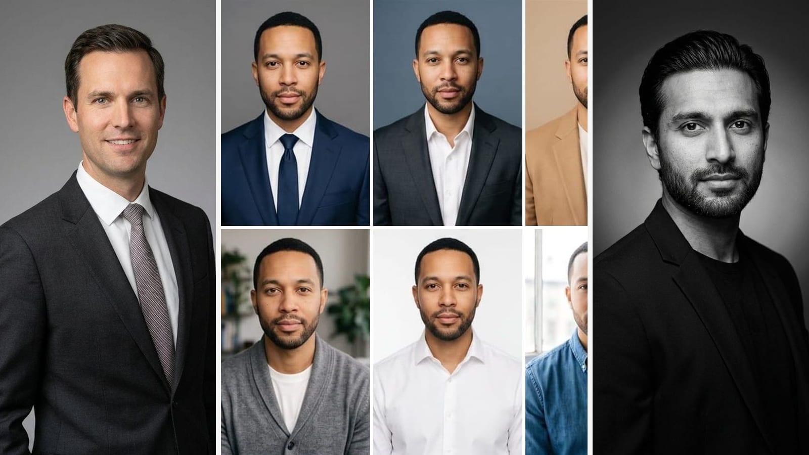 Headshots of men made with Outwow templates and Headshot Studio, the cover of an AI headshot generator comparison