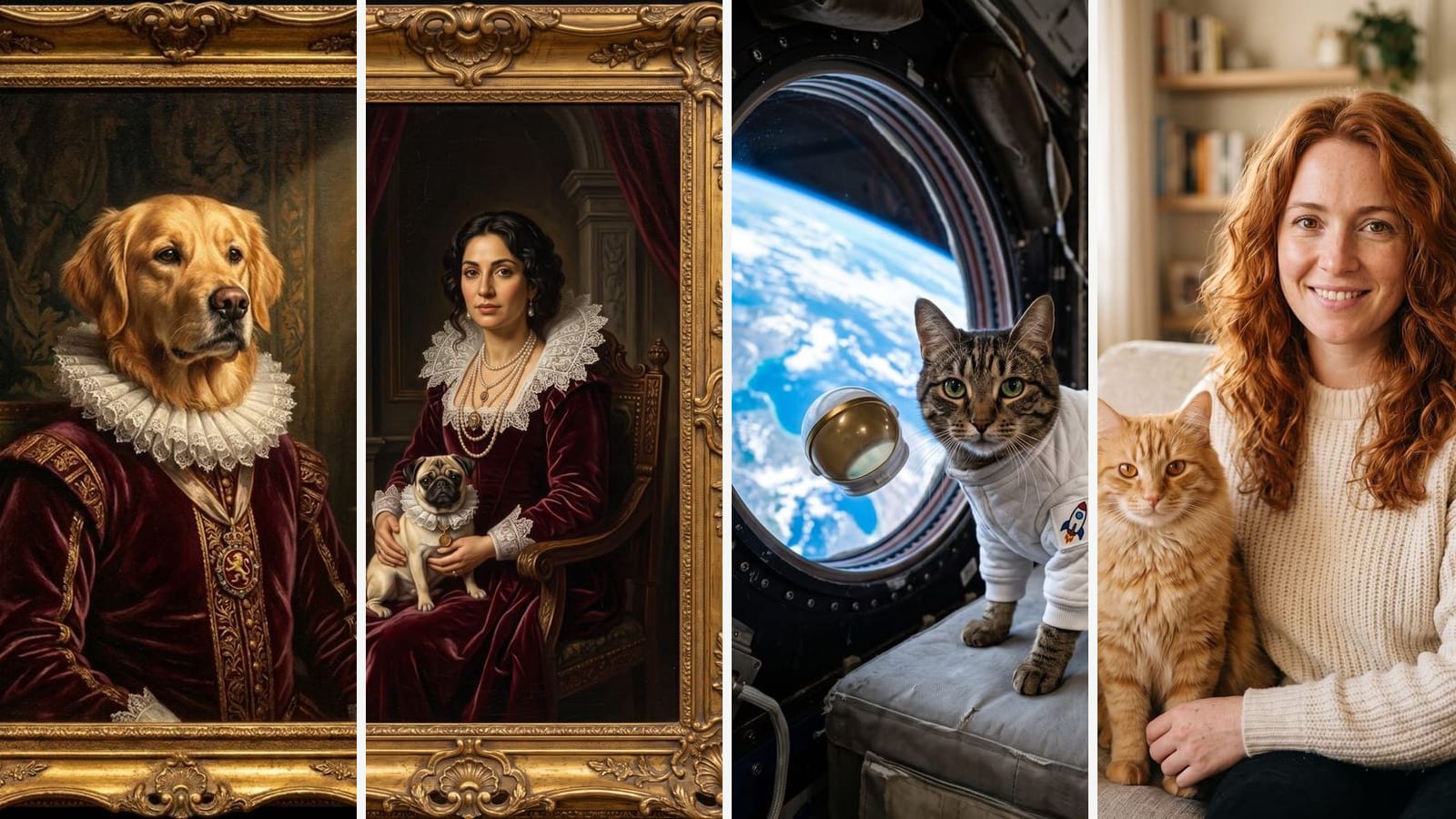 Outwow pet results: a retriever in a gilded oil portrait, a woman with her pug, an astronaut cat, a cat beside its human self