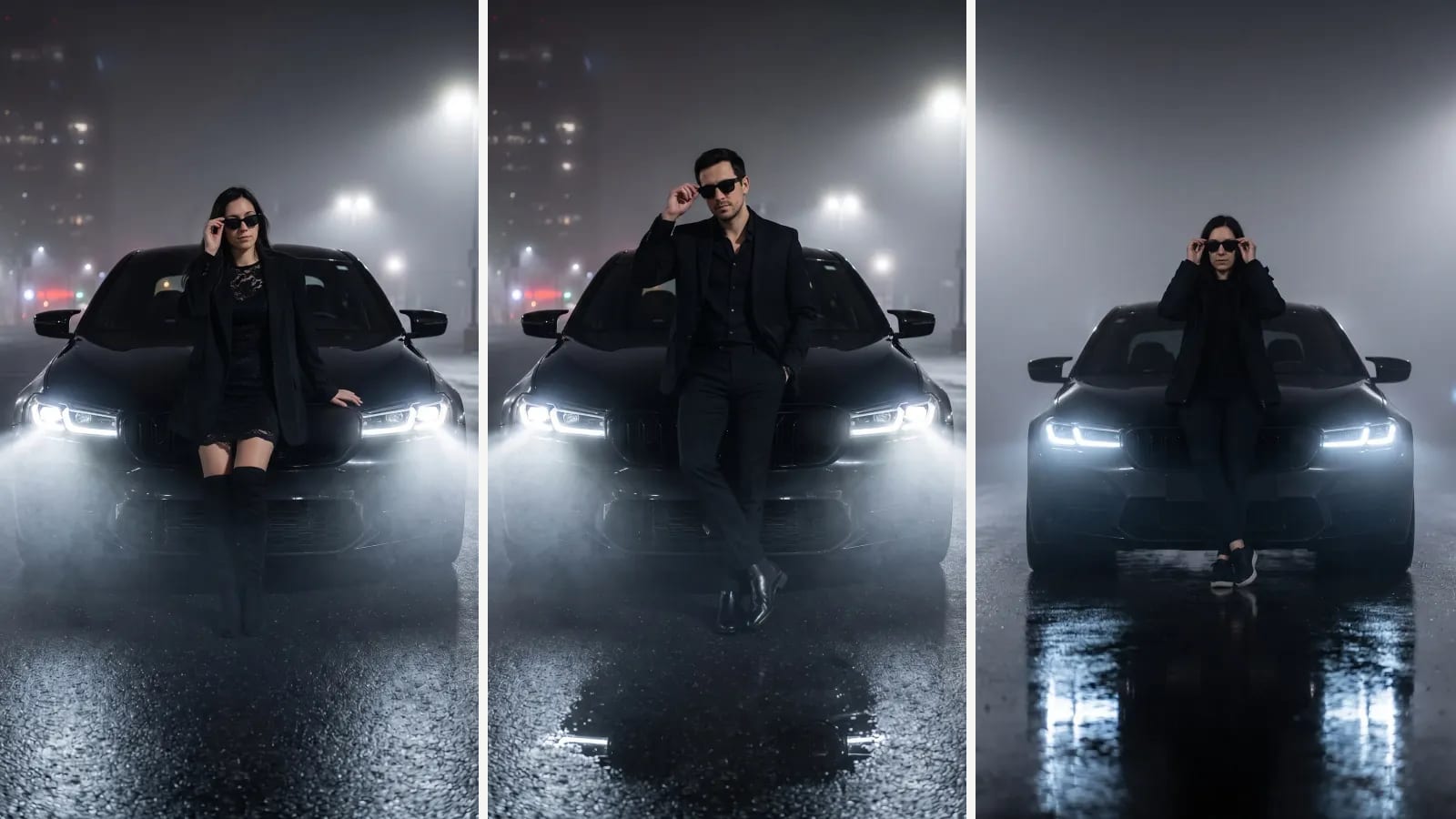 Three night photos of people by a black BMW M5 in thick fog, headlights on, made from single full-length photos