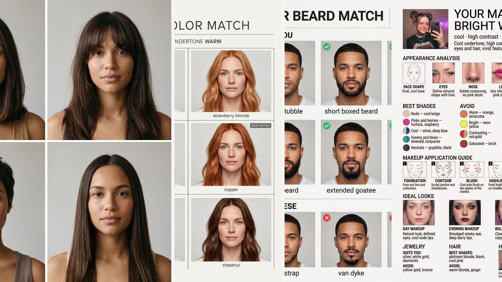 Outwow results: Hairstyle Try-On haircuts, then Hair Color Match, Beard Match and Makeup for Your Color Type posters