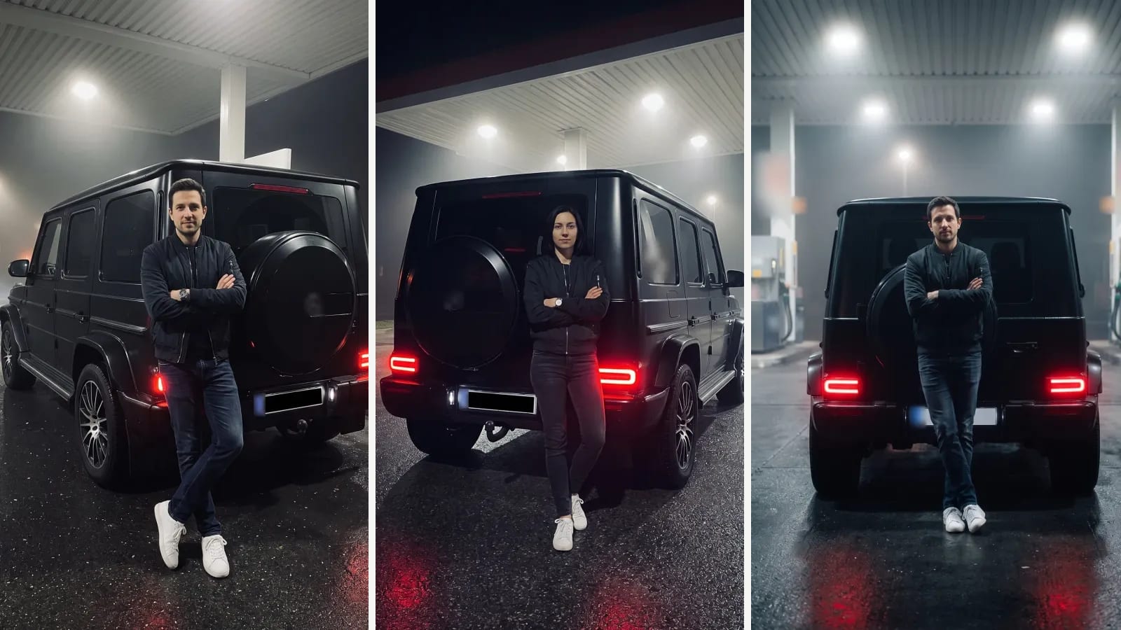 Three night photos of people leaning on a black Mercedes G-Class at a foggy gas station, made from single full-length photos