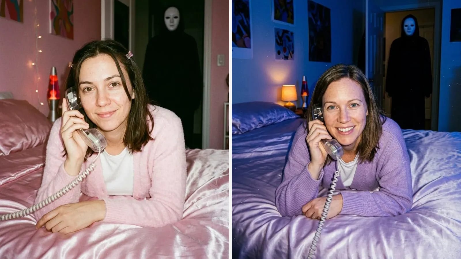 Two grainy flash photos of women on satin sheets on corded phones, a white-masked figure in a black hood in each doorway