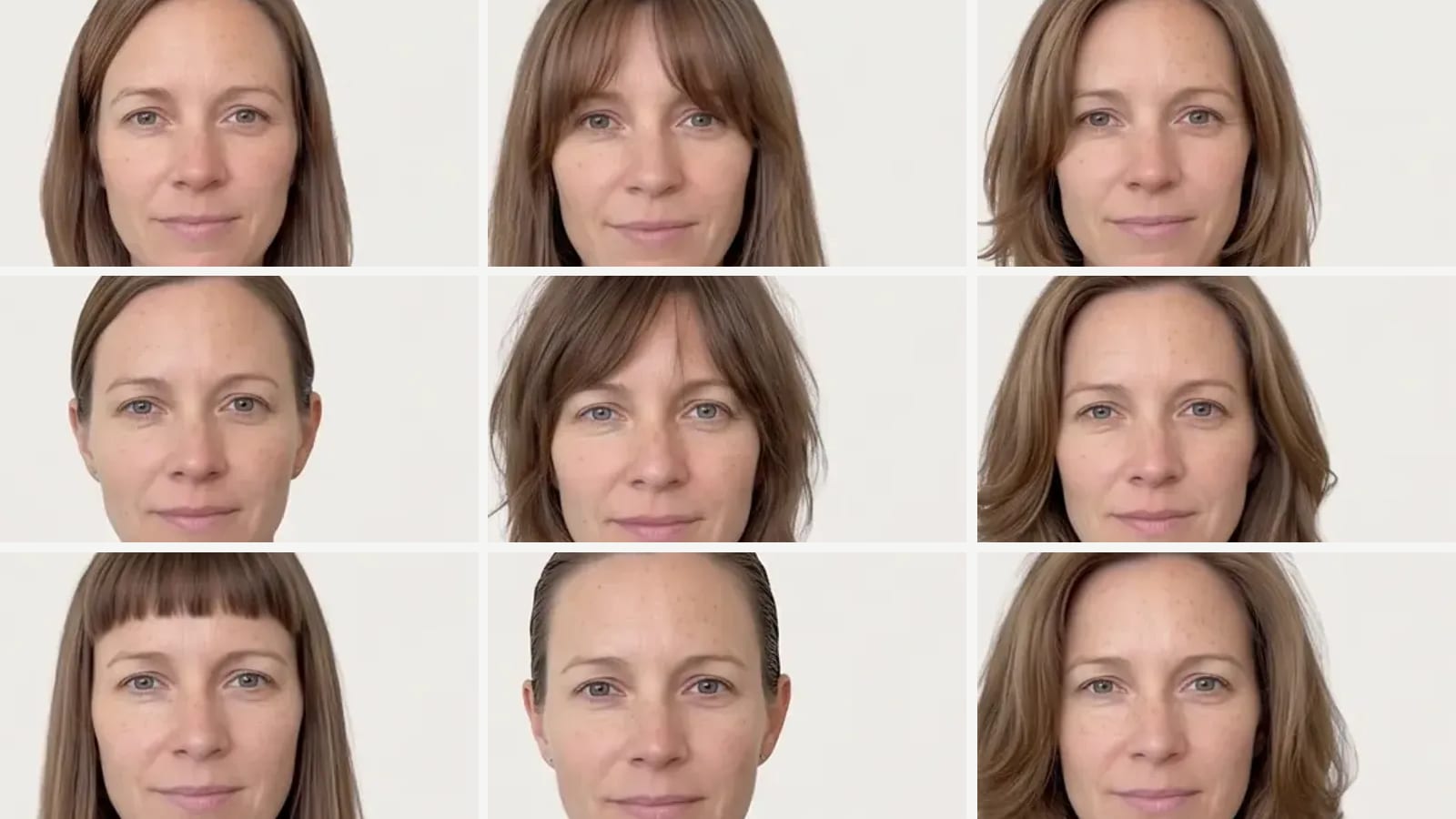 Haircut try-on tiles cut from a poster made from one selfie of a woman, each showing a different cut on the same face