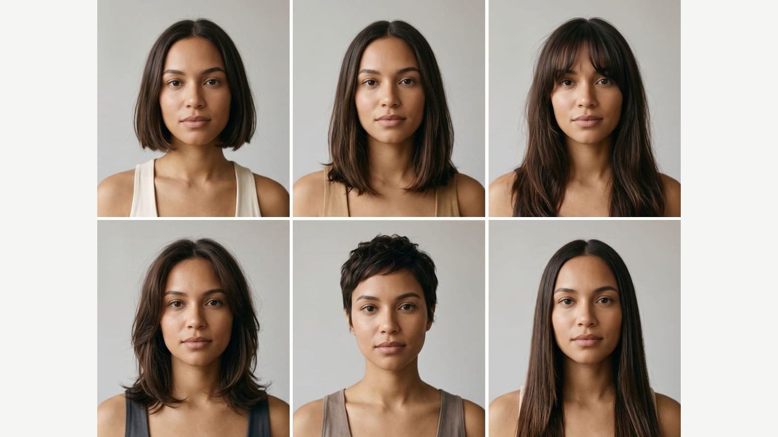 Outwow Hairstyle Try-On poster of one woman in a grid of different haircuts, the cover of a try-on app comparison