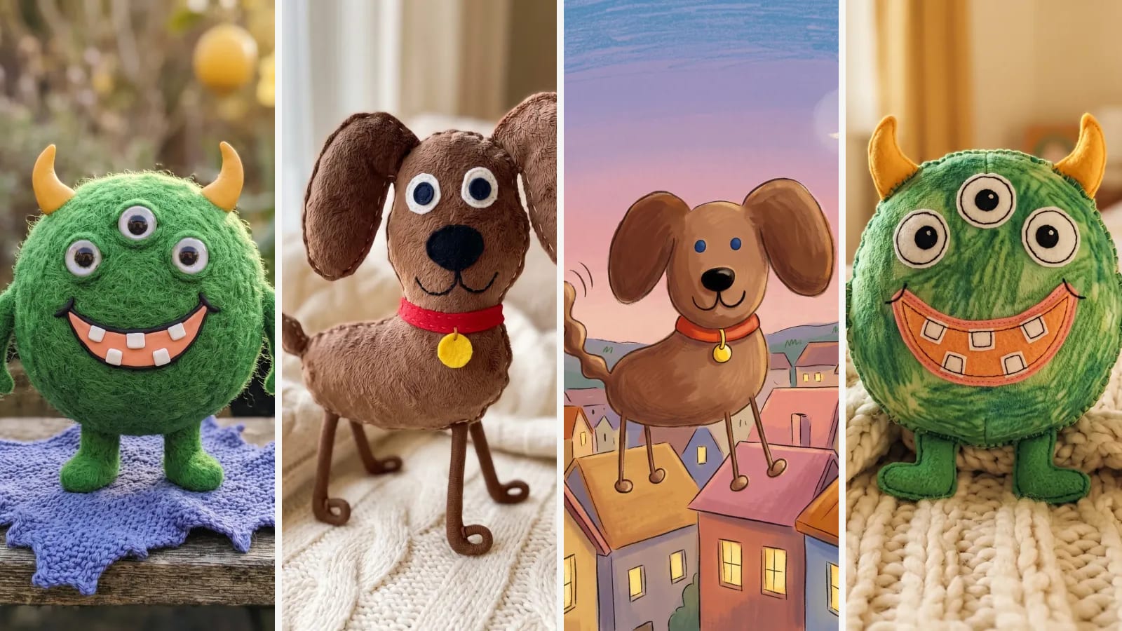 A felted monster, a plush dog, a storybook dog and a monster plush, all made from drawings in a child's style