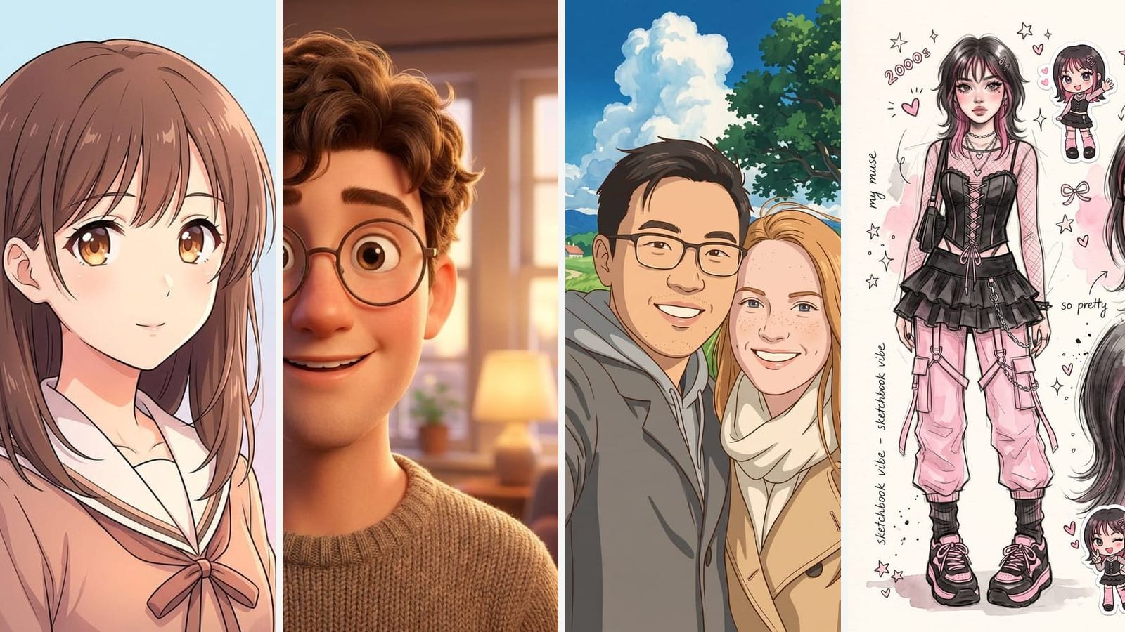 Four portraits made with Outwow templates: anime, 3D cartoon, a hand-painted film frame of a couple and a fashion sketch