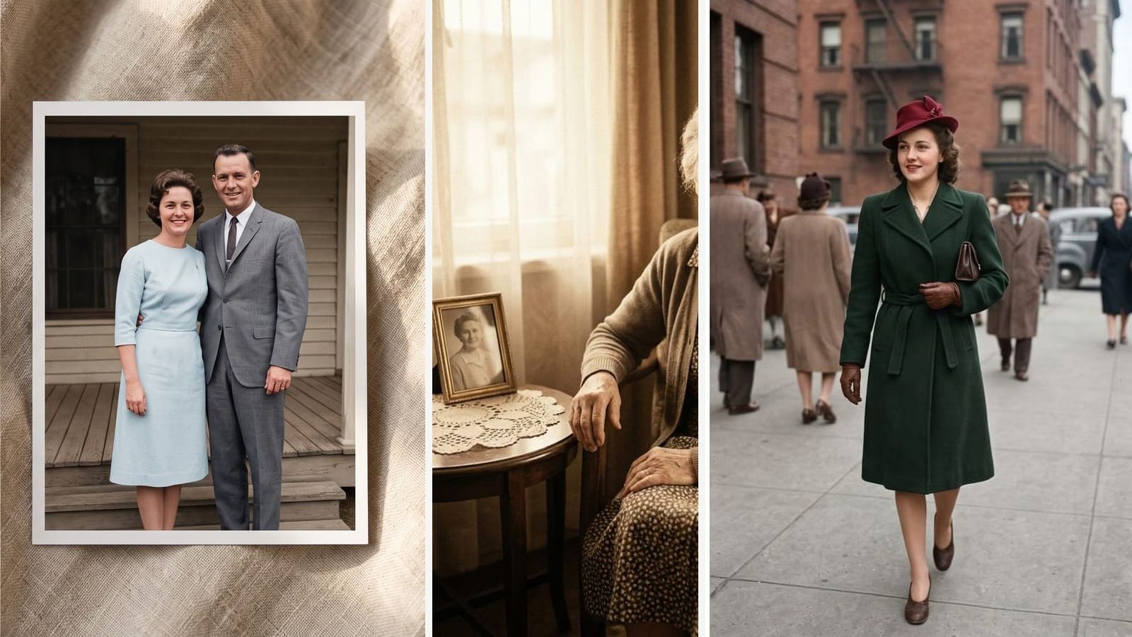 Three Outwow results: a colorized print of a couple, an older woman by a window and a 1940s street portrait in color