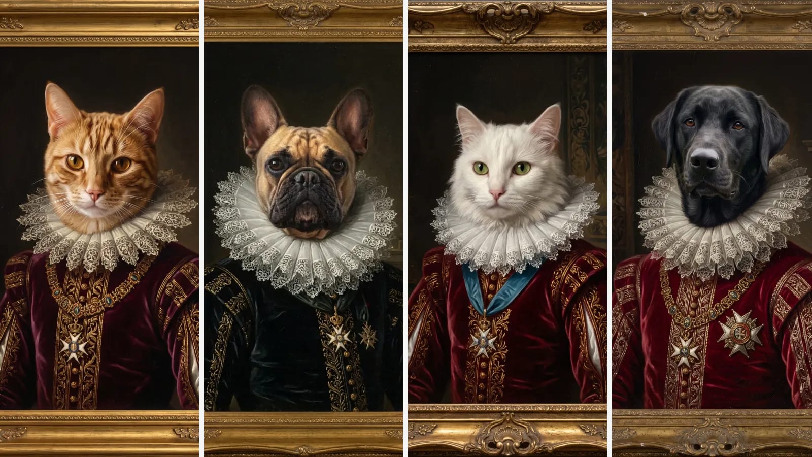 Oil-style royal portraits of a ginger cat, a French bulldog, a white cat and a black Labrador