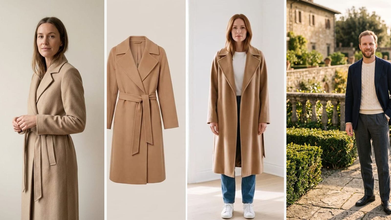 A woman in a camel wrap coat, the coat as a product shot, another woman in a camel coat over jeans, a man in a navy blazer