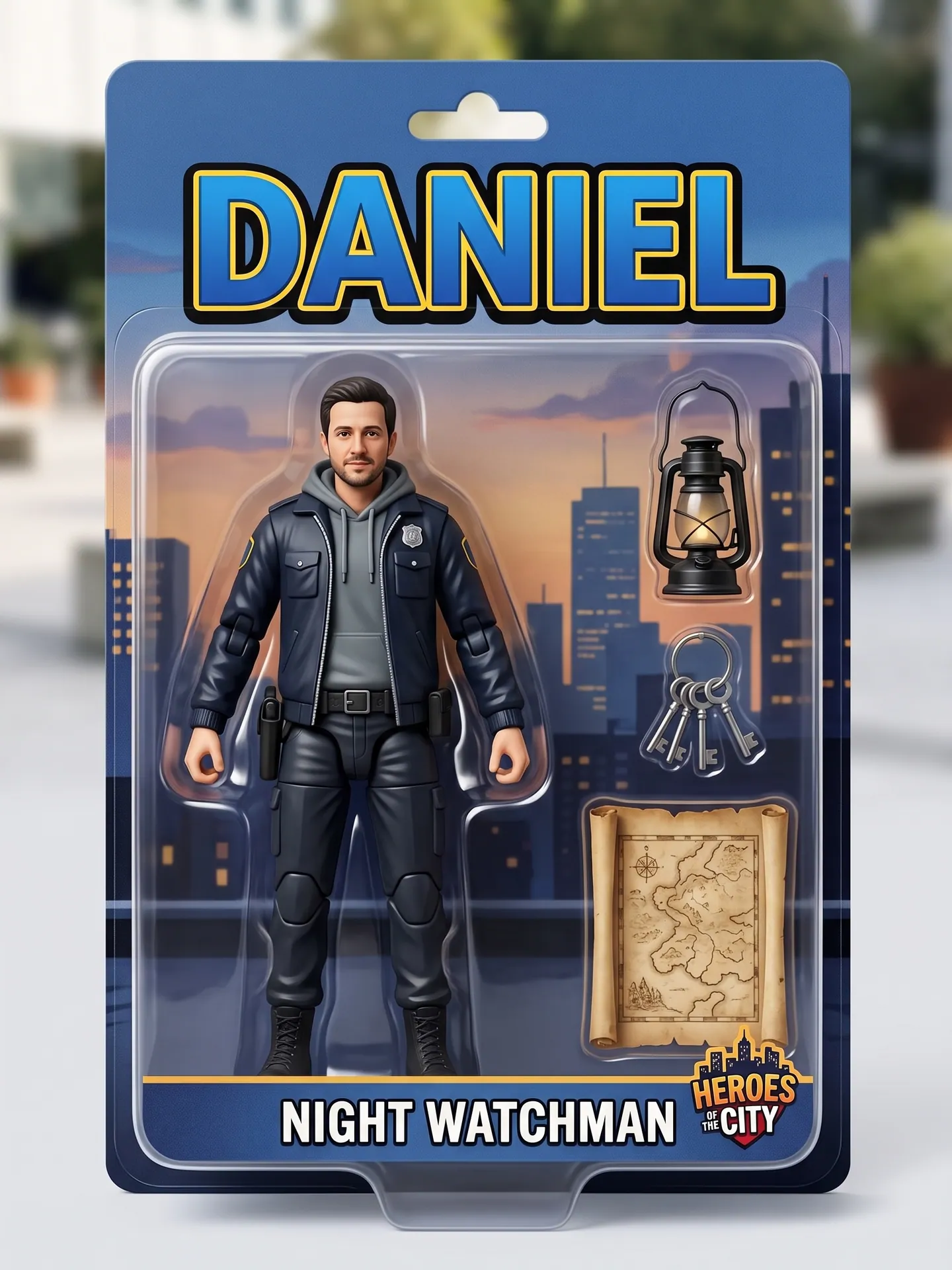 Man as a plastic action figure in blister packaging labeled Night Watchman, made with the Action Figure template from a photo