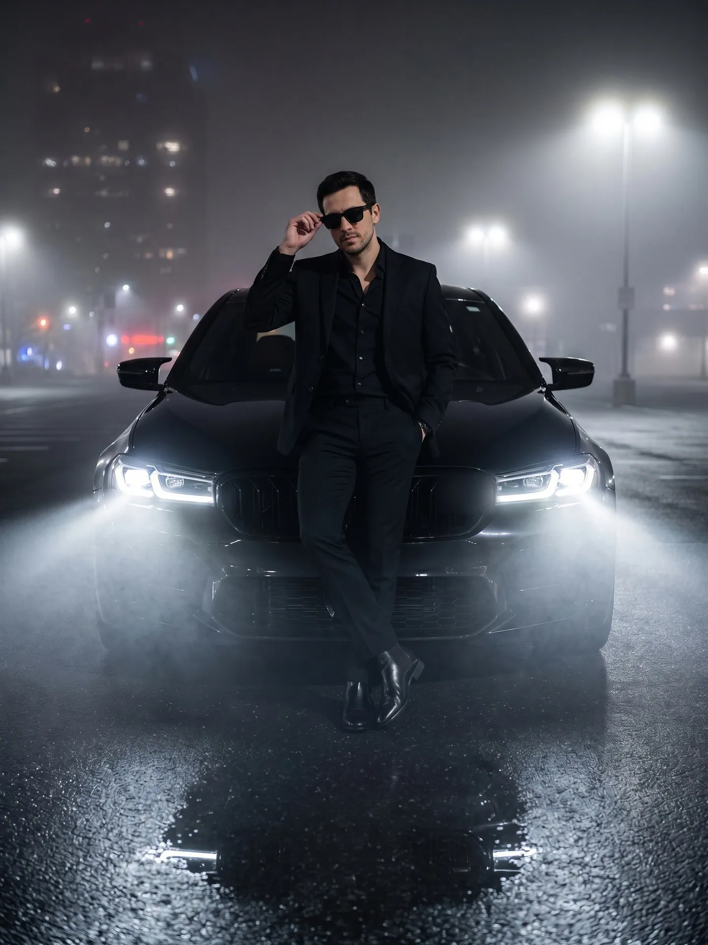 Man in a black suit and loafers leaning on a black BMW M5 F90 in night fog, made with the Photo with a BMW M5 template