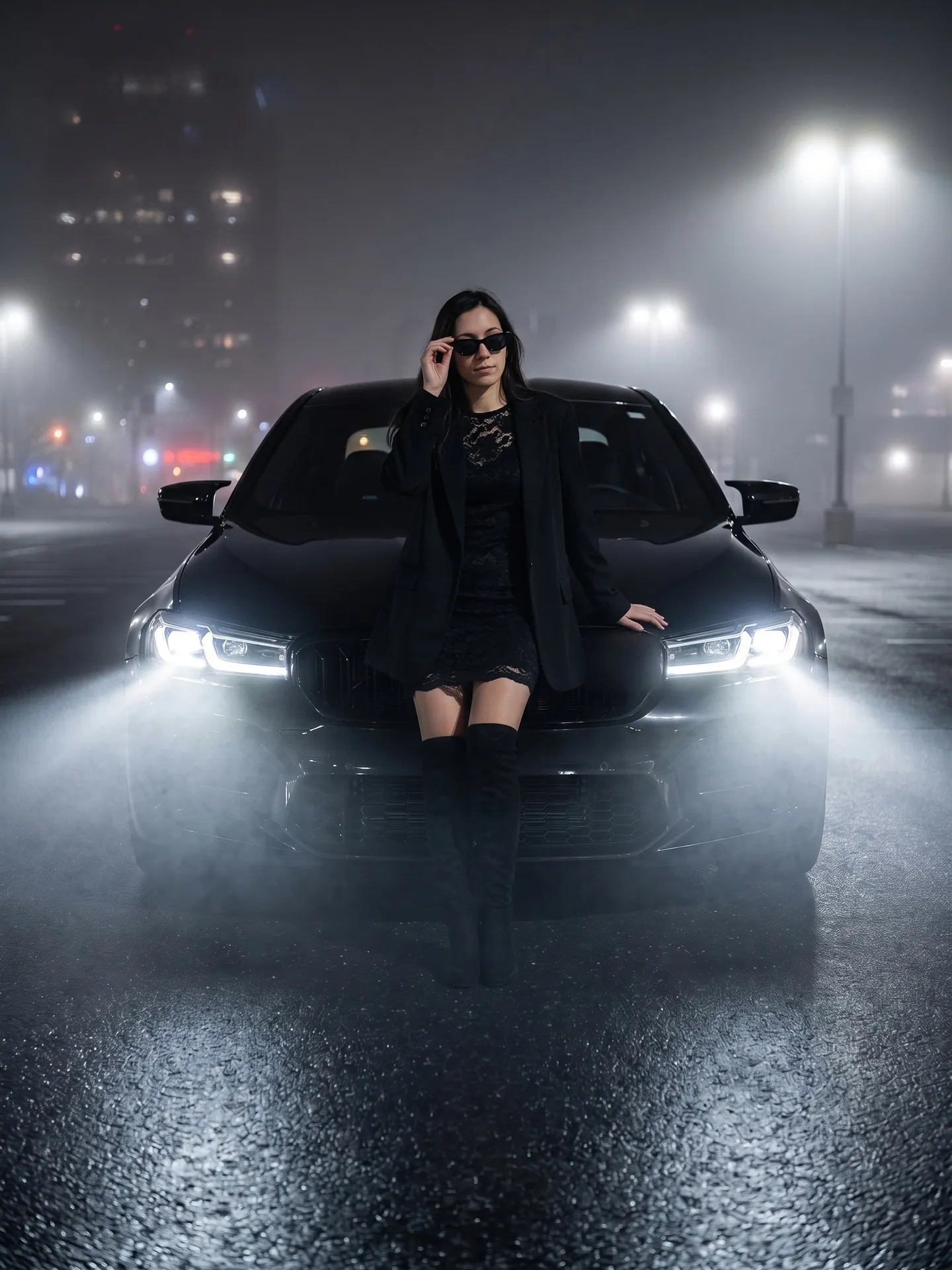 Woman in a black lace dress and blazer leaning on a black BMW M5 F90 in night fog, made with the Photo with a BMW M5 template