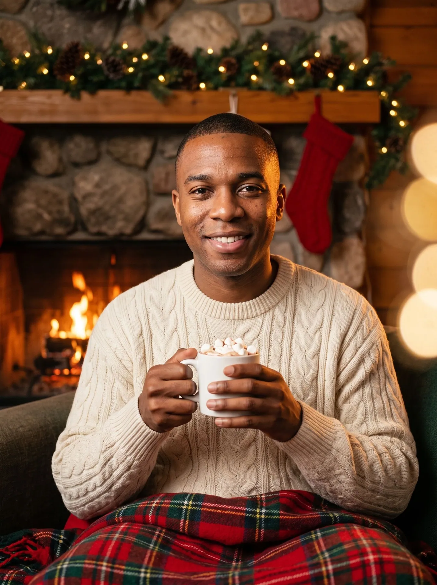 Man in a cream cable-knit holding cocoa under a tartan blanket by a stone fireplace, made with AI Christmas Photoshoot