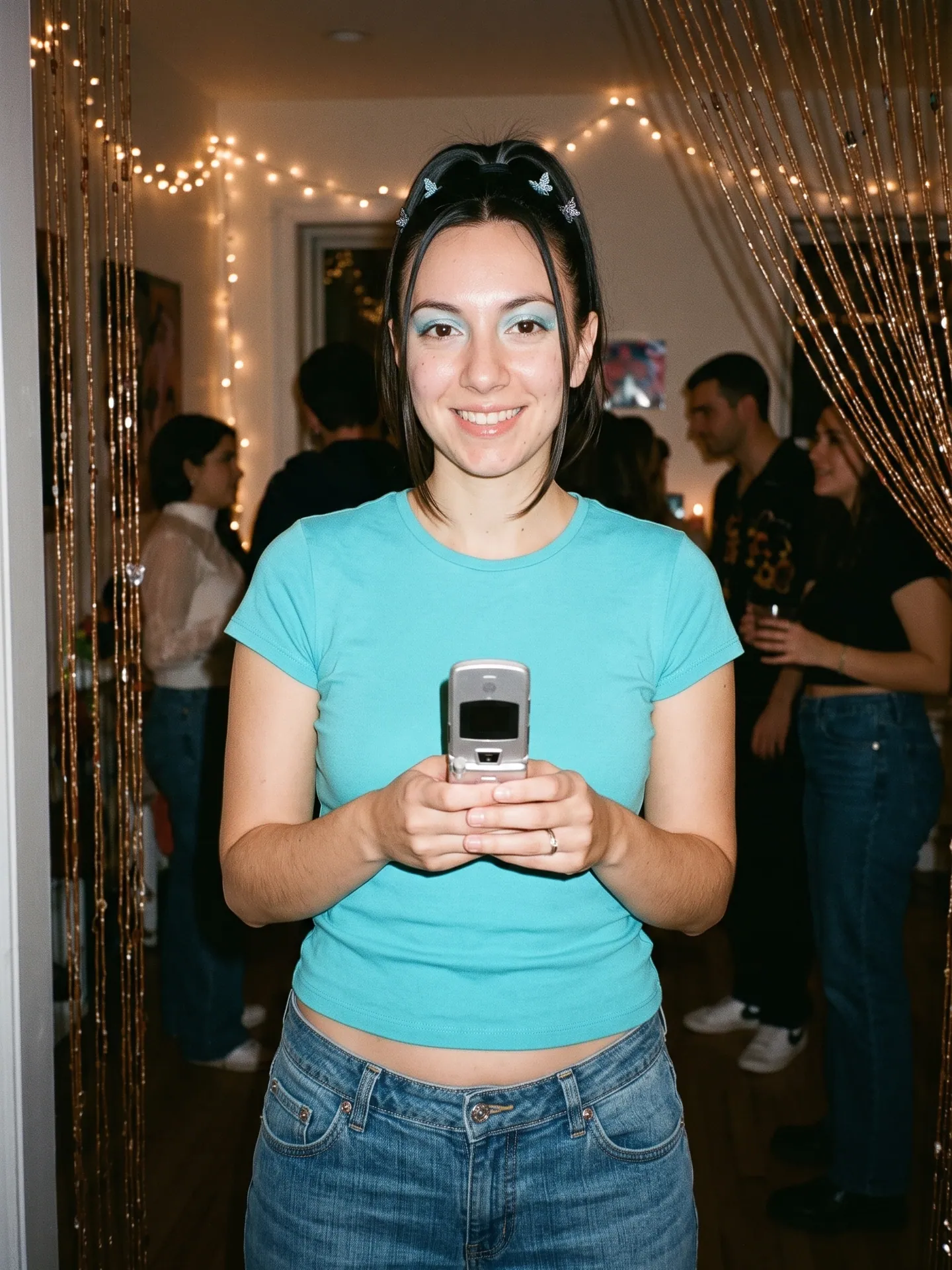 Woman in a turquoise baby tee with a flip phone, made with the Clean Girl, Old Money, Y2K template from a waist-up photo