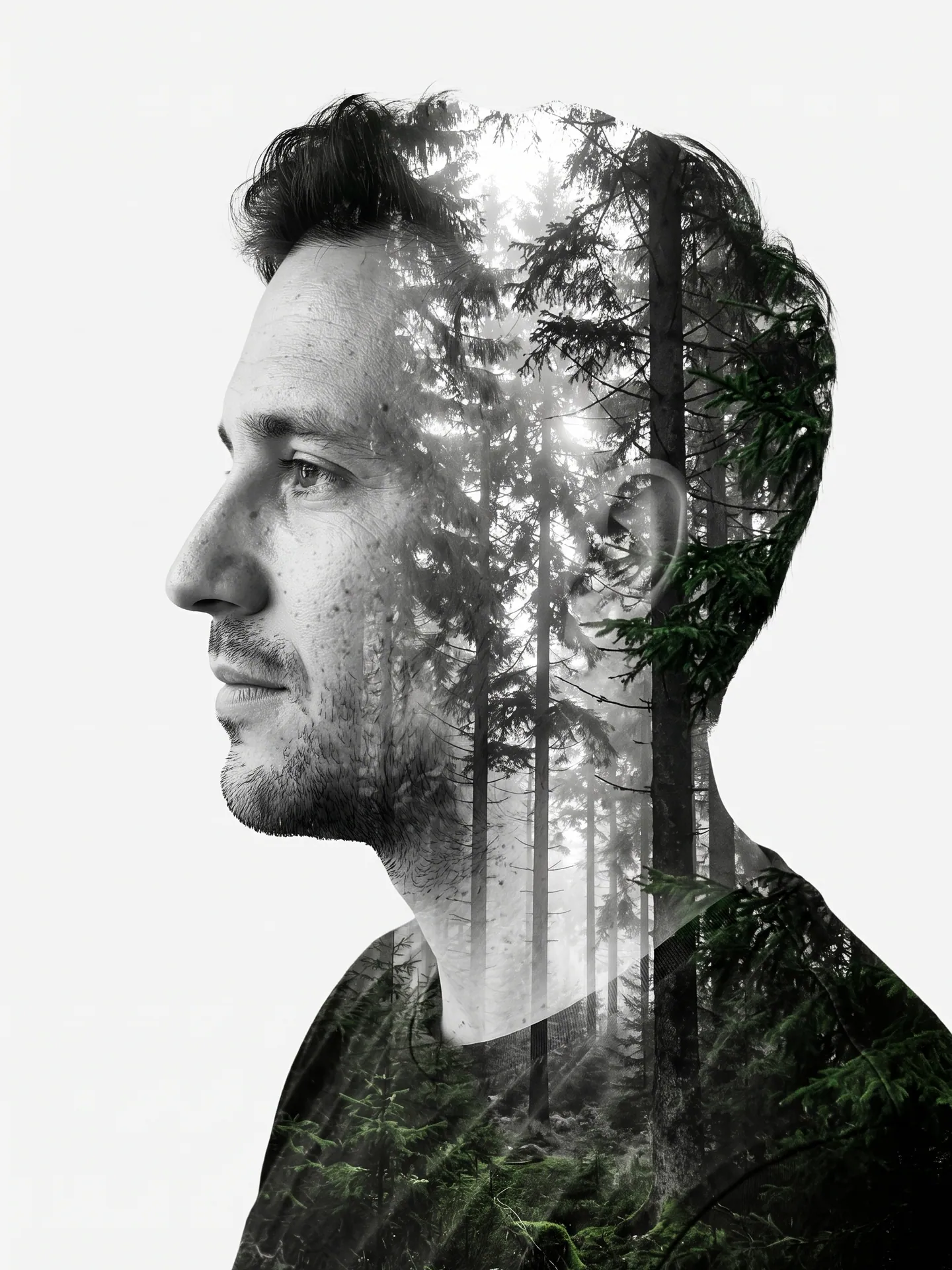 Man's profile silhouette with a dark conifer forest inside it, made with the Double Exposure template from a selfie