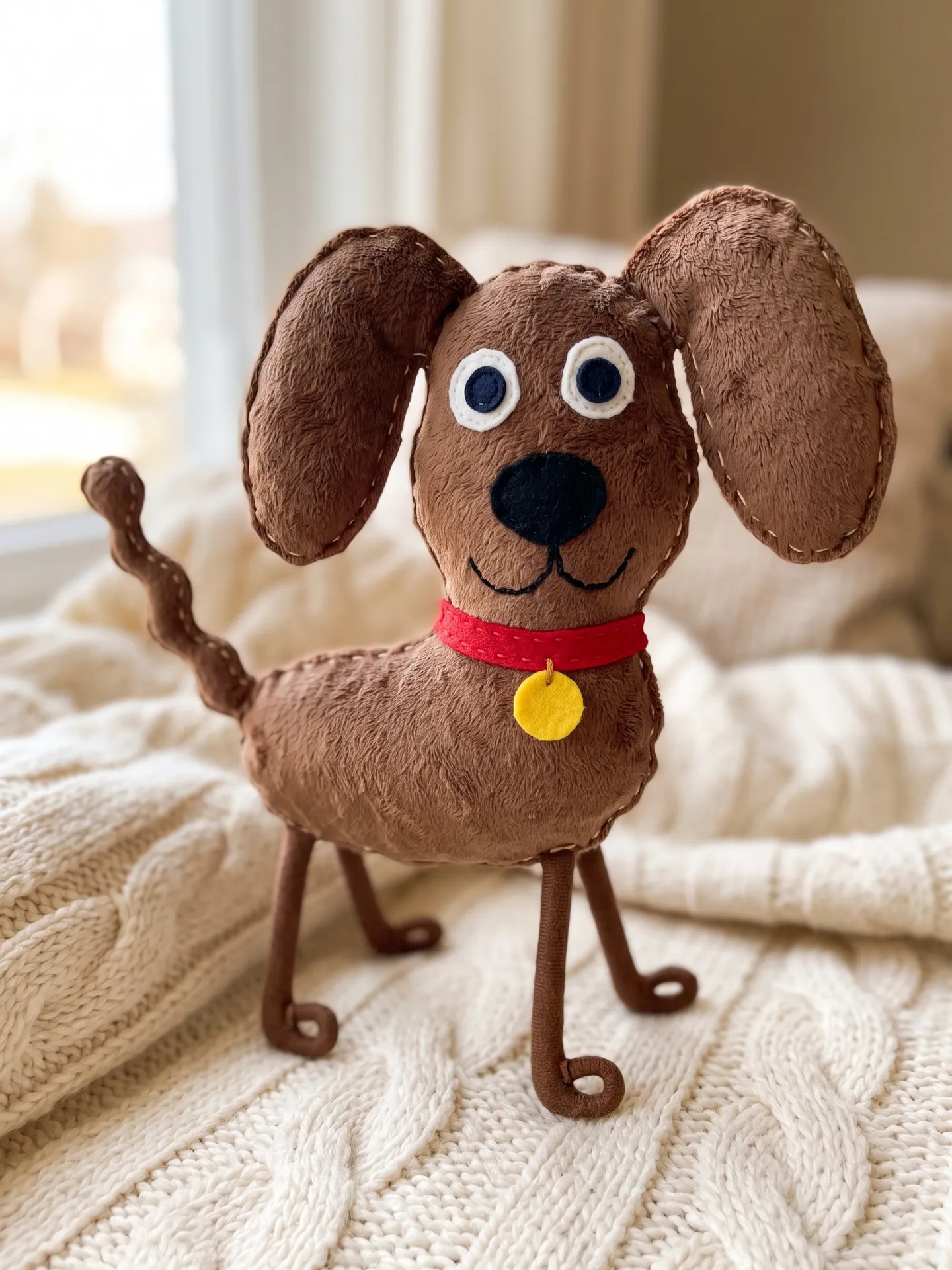 Marker dog drawing shown as a stitched brown plush with a red collar on a blanket, made with Drawing to Plush Toy