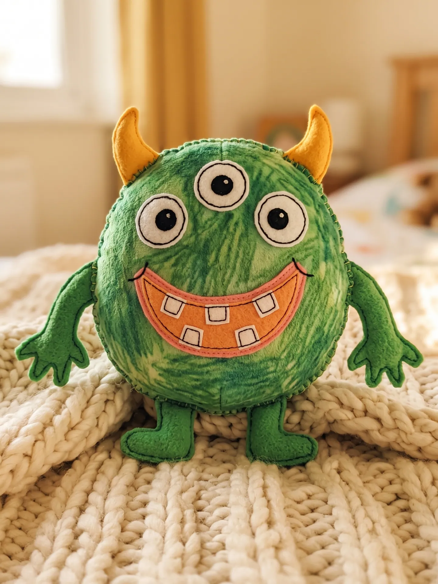 Green three-eyed monster as a stitched plush on a knit blanket, made with the Drawing to Plush Toy template from a drawing