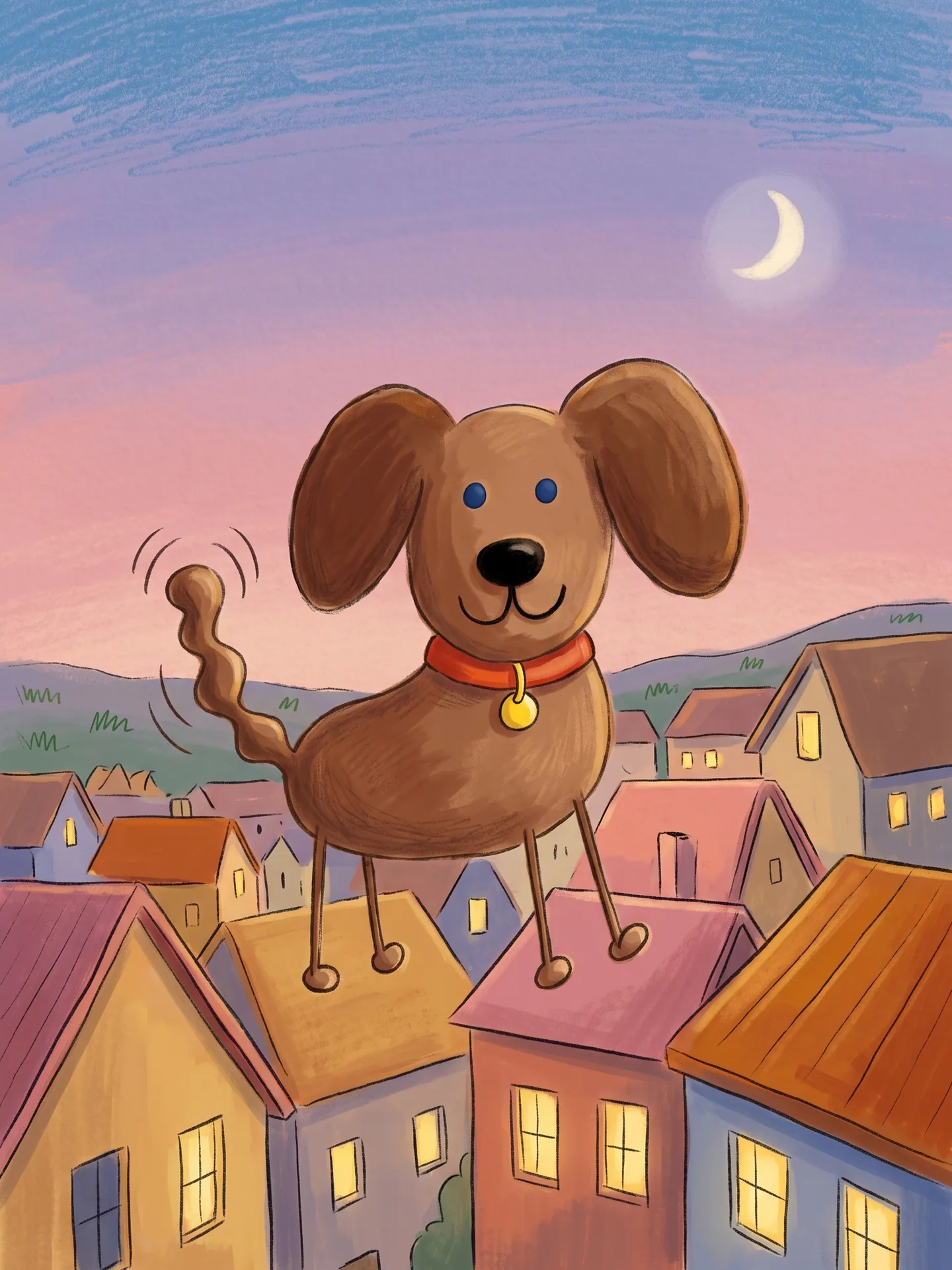 Marker dog as the hero of a painted picture-book scene, made with Drawing to Storybook Page from a drawing
