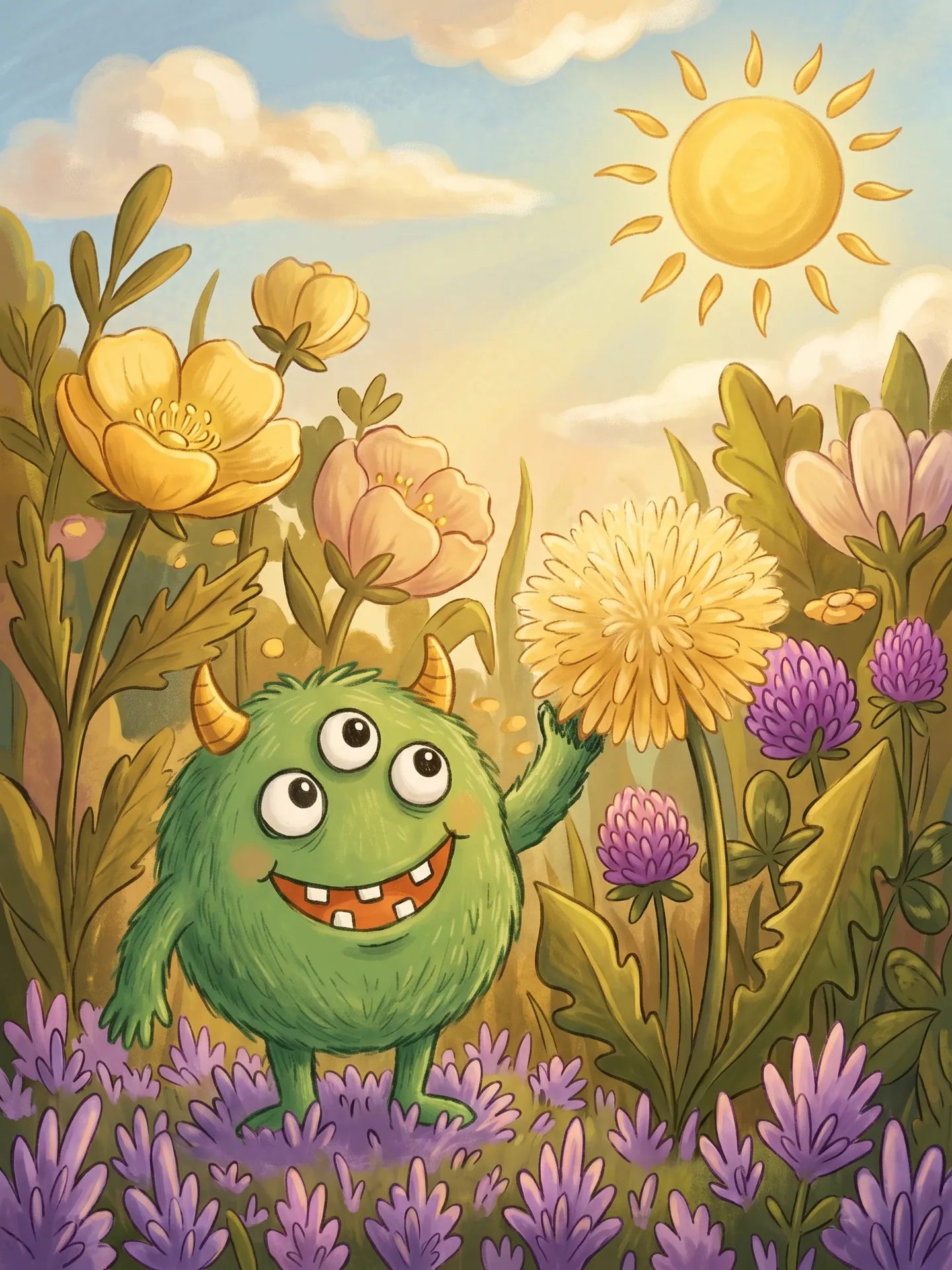 Green three-eyed monster in a painted meadow under a yellow sun, made with the Drawing to Storybook Page template