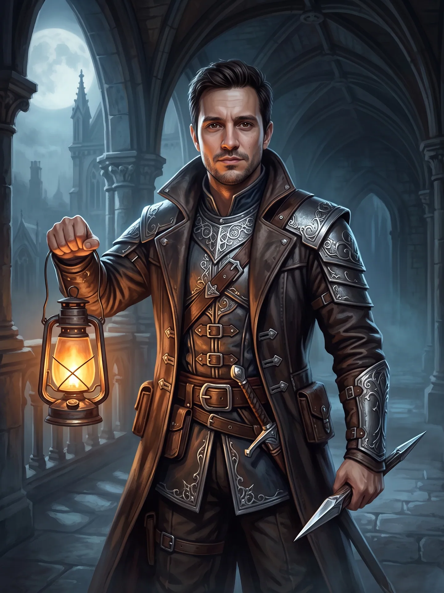 Man as a vampire hunter in a long coat with a lantern and a stake, made with the Fantasy Character template from a photo